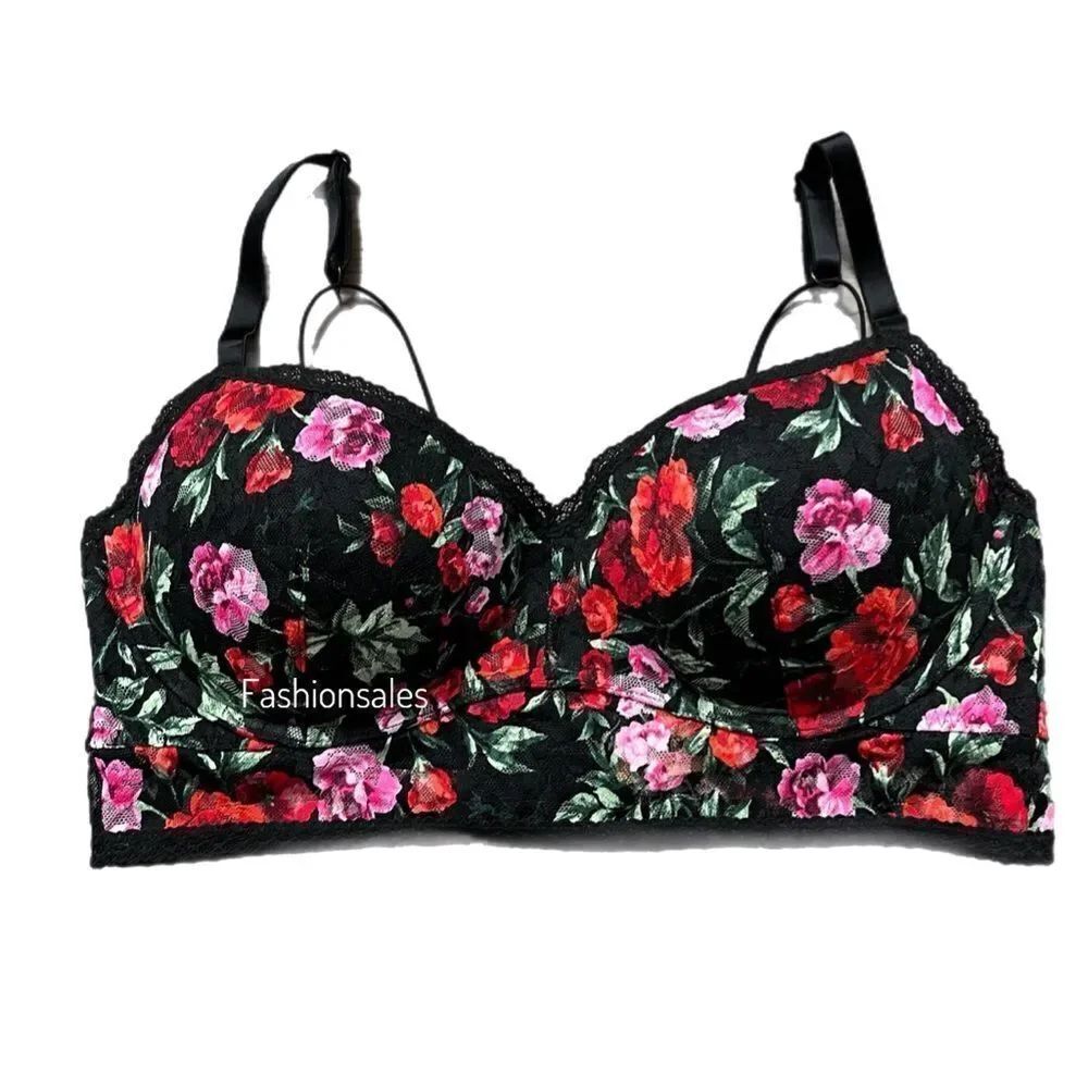 Victoria’s Secret PINK Lace bralette Push up Padding Underwire bra Black floral